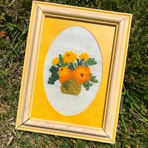 70s style framed embroidered flowers